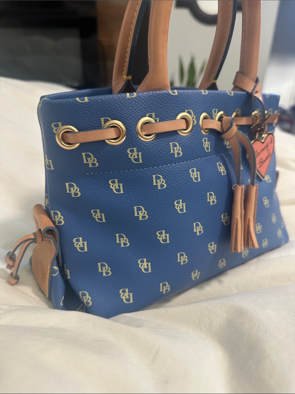 Dooney & Bourke Mini Blue and Tan Logo Satchel - Picture 2 of 10
